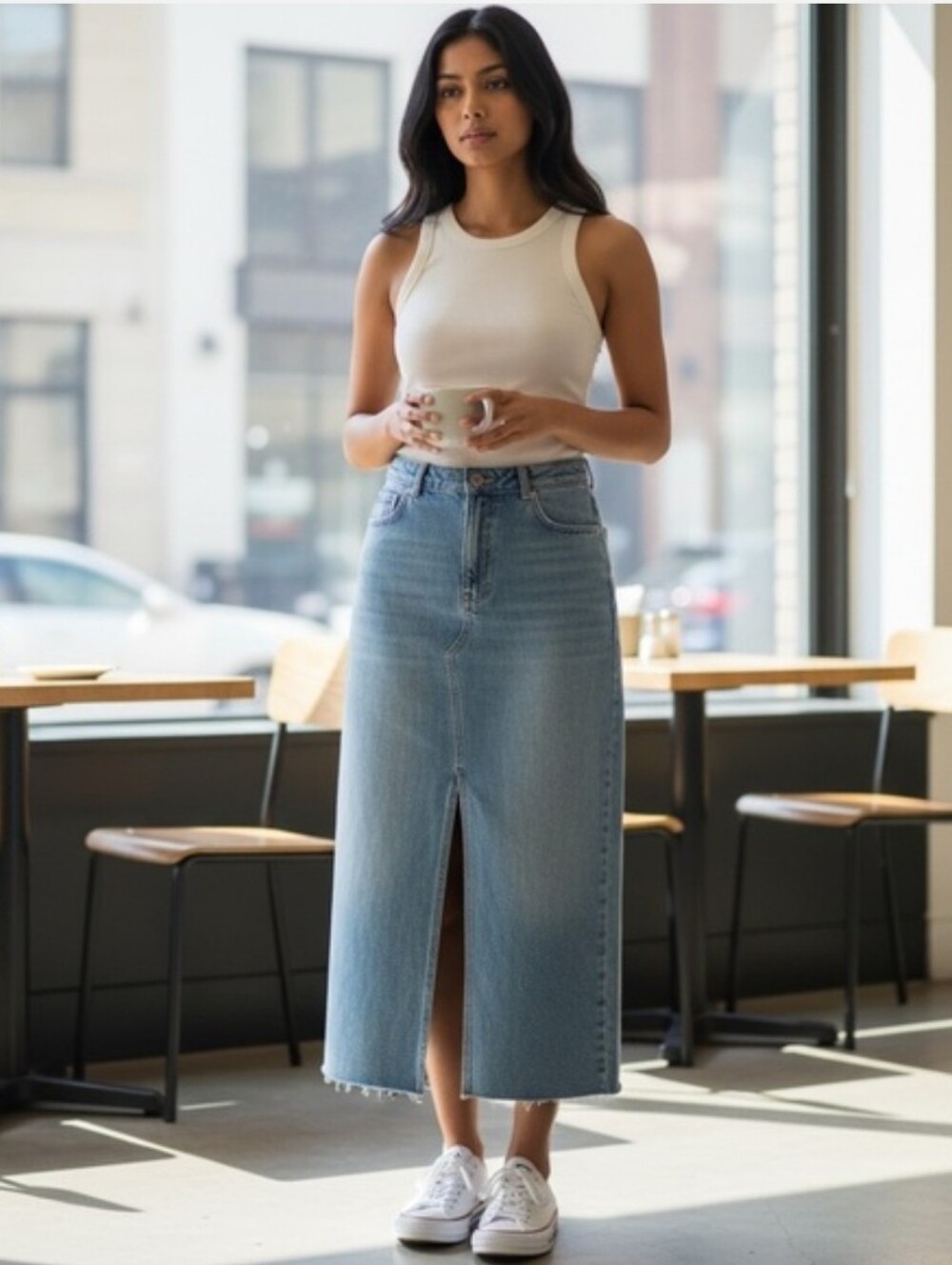 Asos Design Raw Hem Denim Maxi Skirt W Front Slit Sz 14